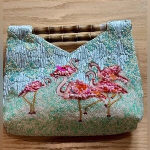 NWT Stunning Flamingo hand beaded and Embellished bamboo handled clutch